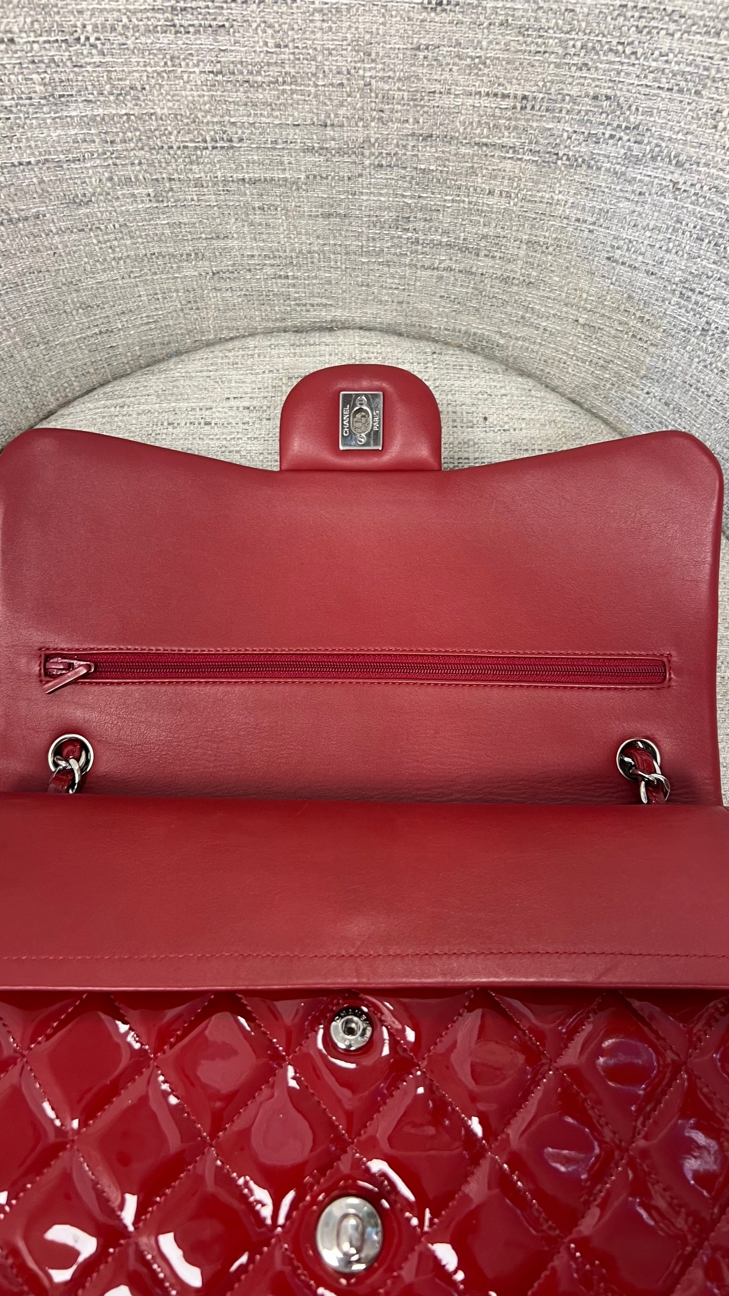 RED CHANEL PATENT LEATHER DOUBLE FLAP