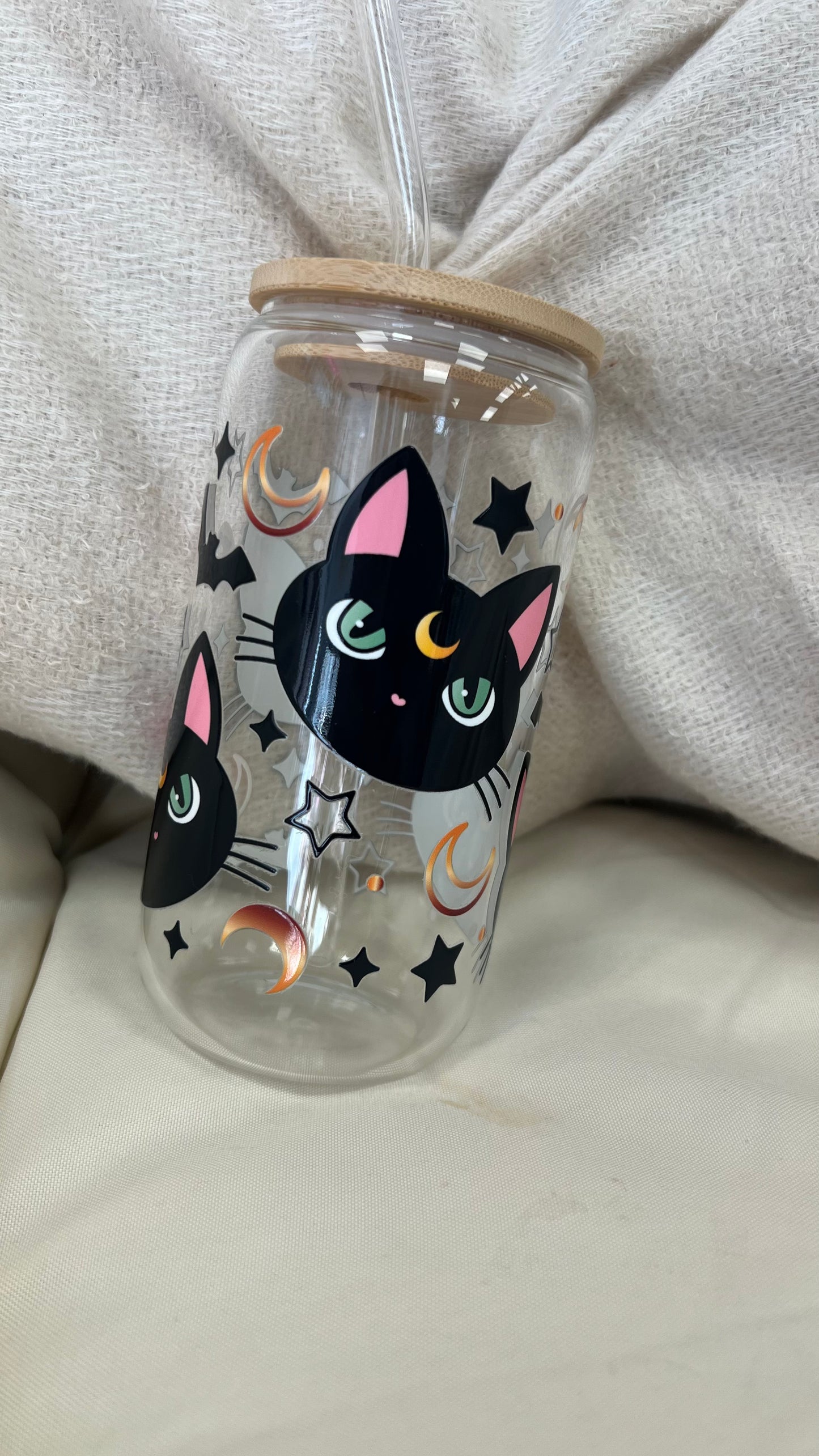 HALLOWEEN CAT GLASS CUP WITH STRAW