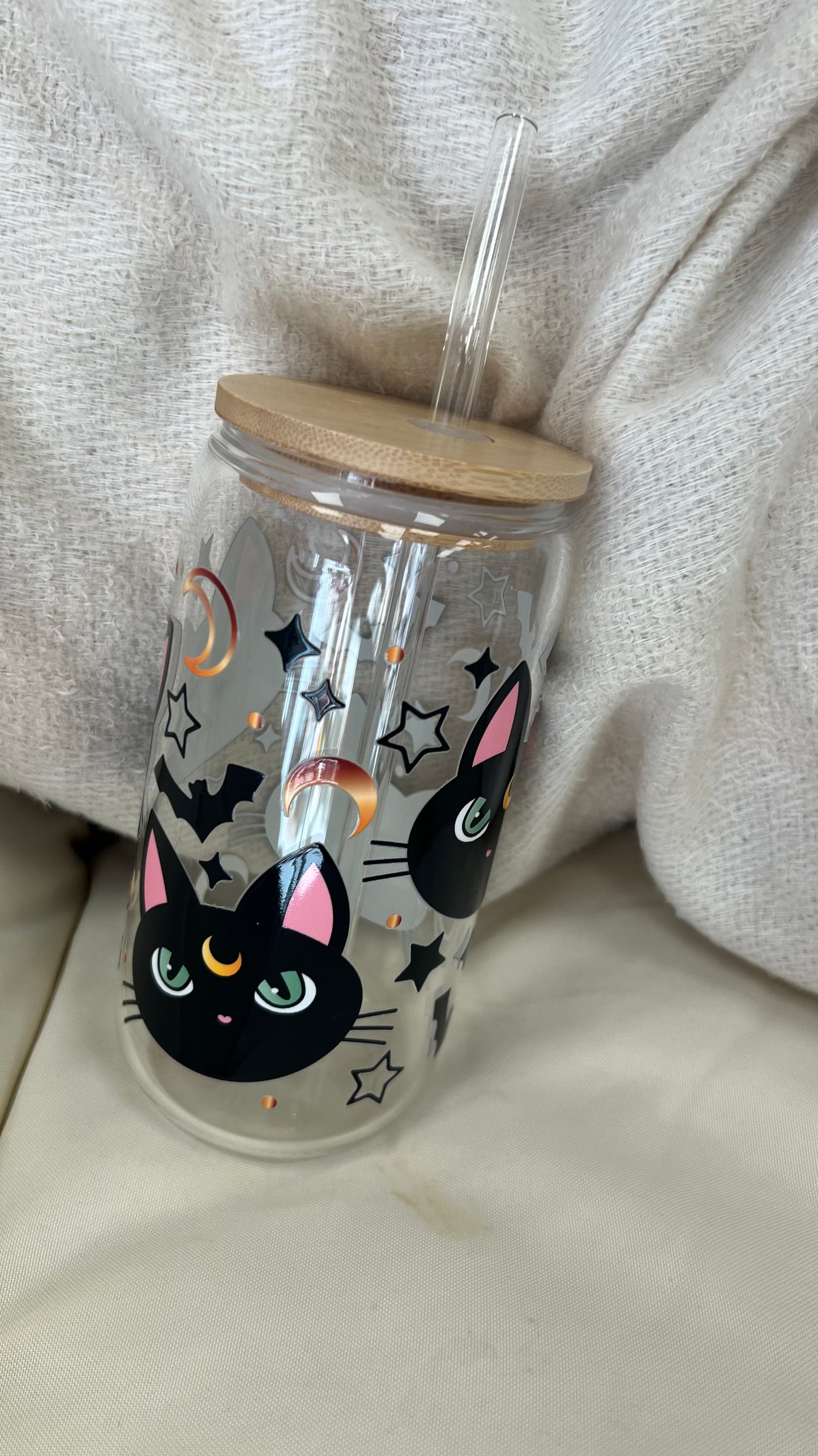 HALLOWEEN CAT GLASS CUP WITH STRAW