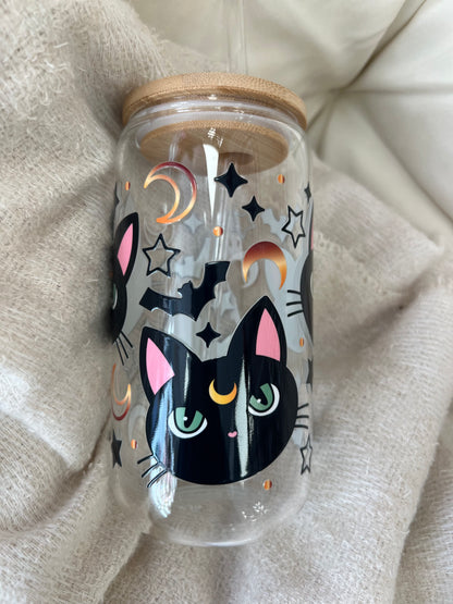 HALLOWEEN CAT GLASS CUP WITH STRAW