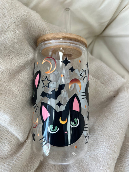 HALLOWEEN CAT GLASS CUP WITH STRAW